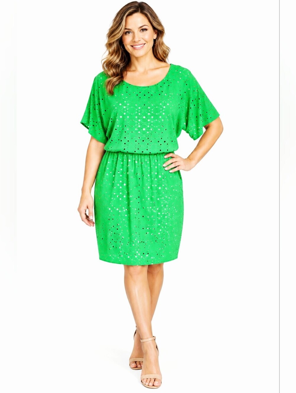 New York & Co. Green Eyelet Blouson Dress with Short Sleeves, Size Medium, NWT